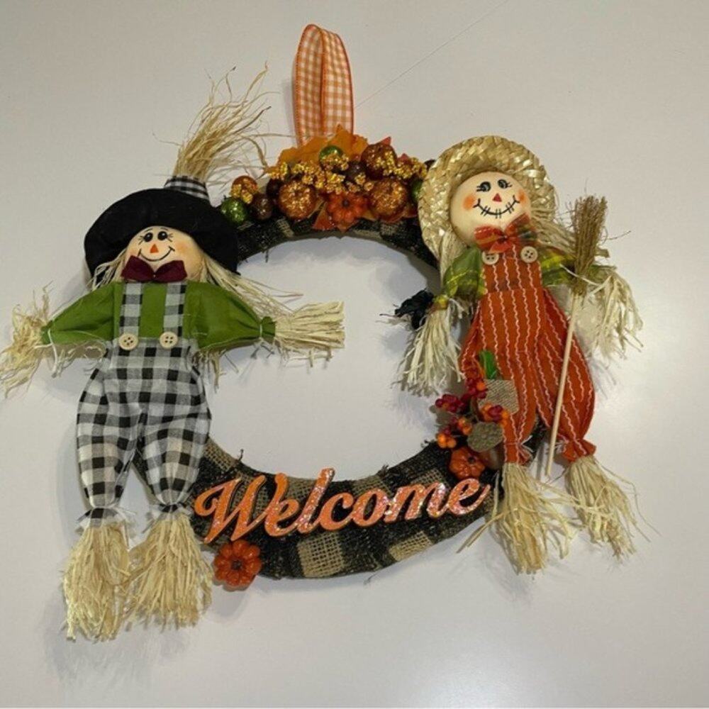 Fall Harvest Scarecrow Welcome Wreath 15"
